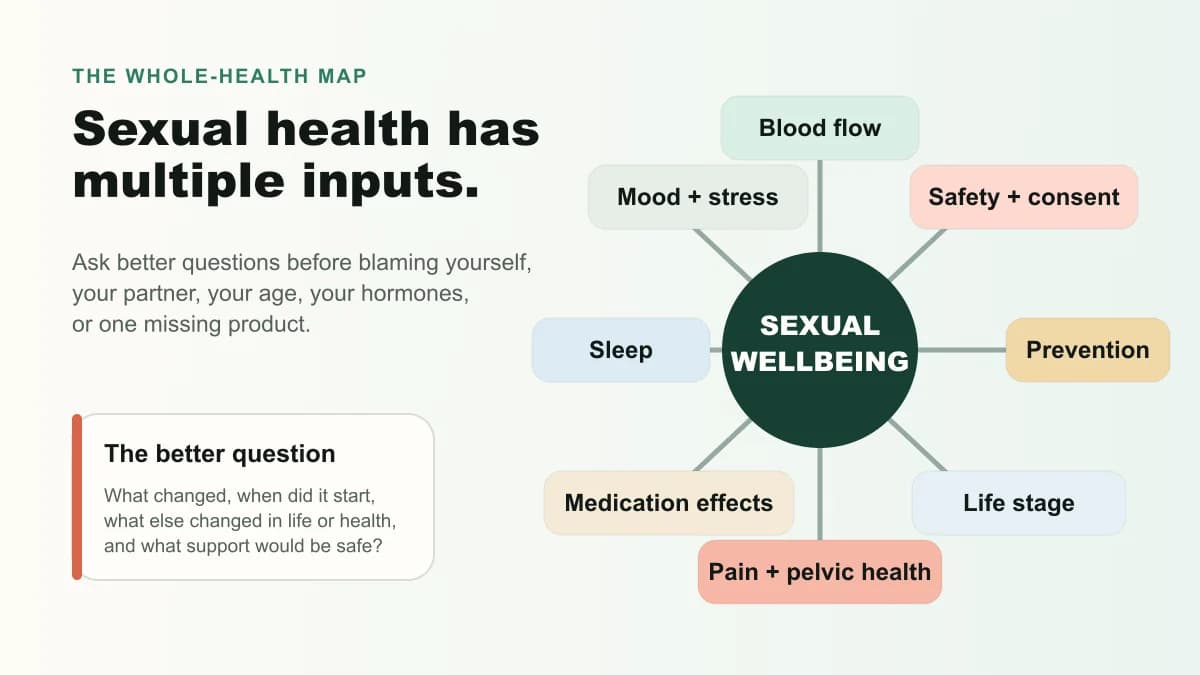 Infographic mapping sexual wellbeing to blood flow, mood and stress, sleep, medication effects, pain and pelvic health, life stage, prevention, and safety.