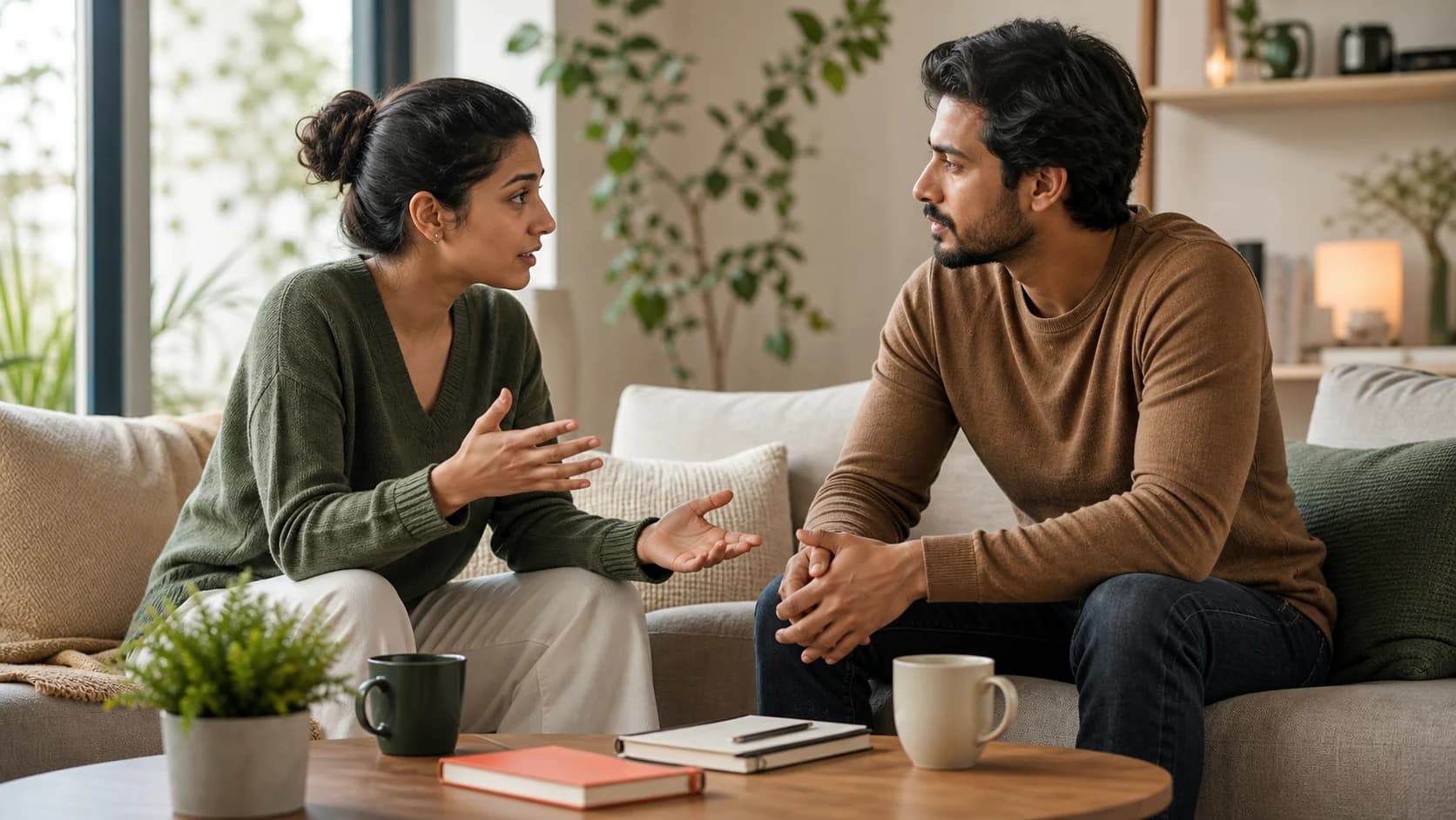 Two adults sitting on a sofa and having a respectful conversation.