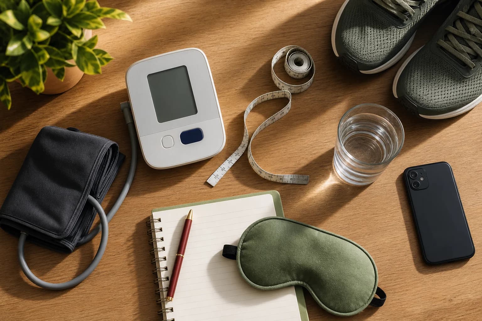 A desk with blood pressure monitor, cuff, measuring tape, notebook, water, sleep mask, phone, and walking shoes.