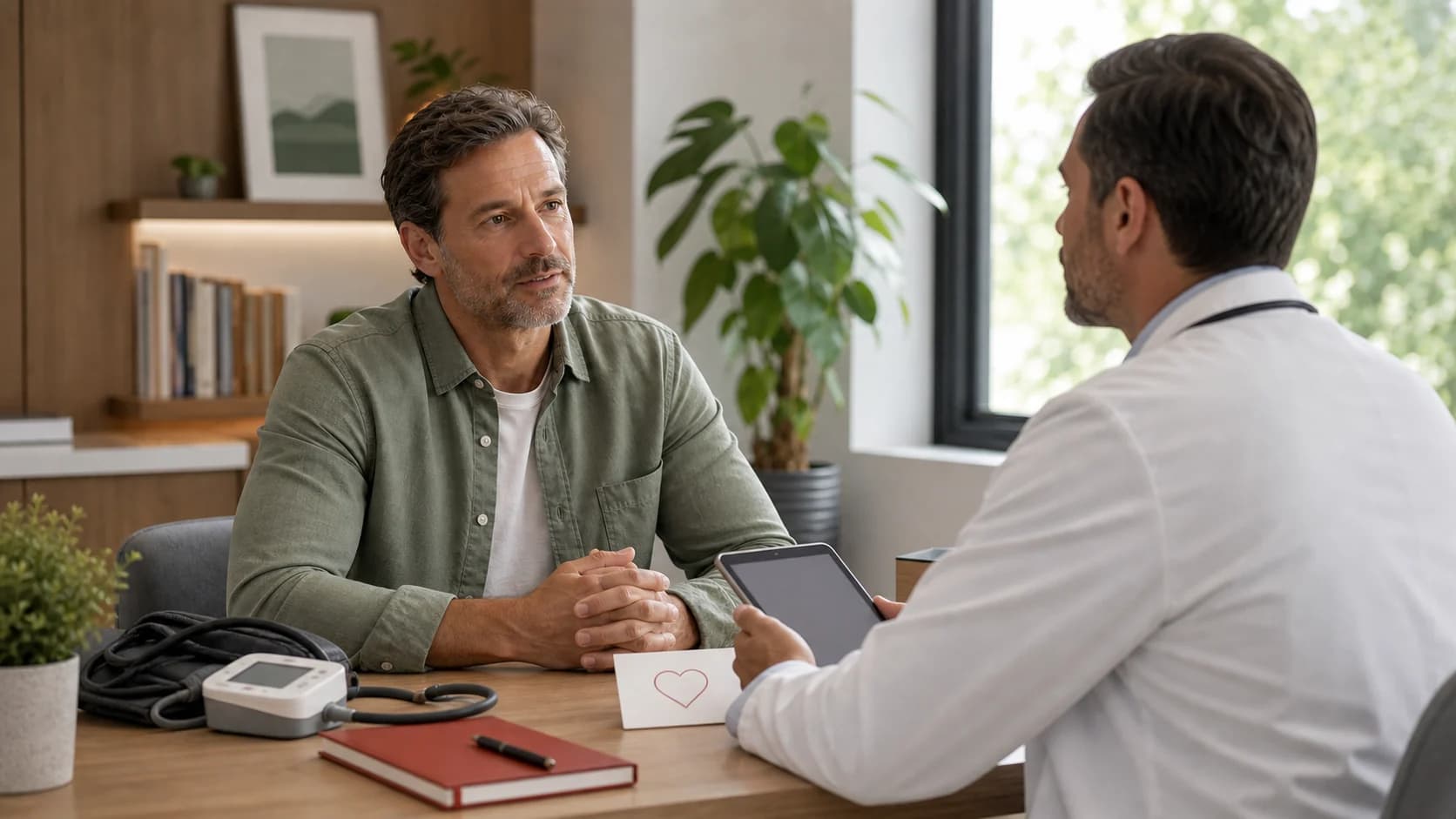 A man speaking with a clinician in a calm consultation room with a blood pressure cuff on the desk.