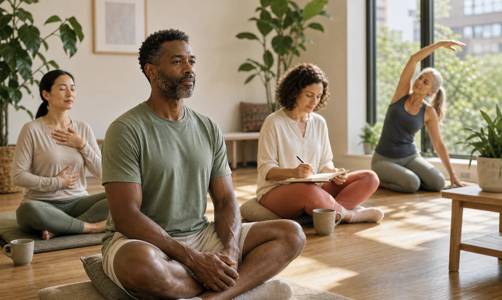 Adults practicing breathing, journaling, seated meditation, and gentle stretching in a calm sunlit room.