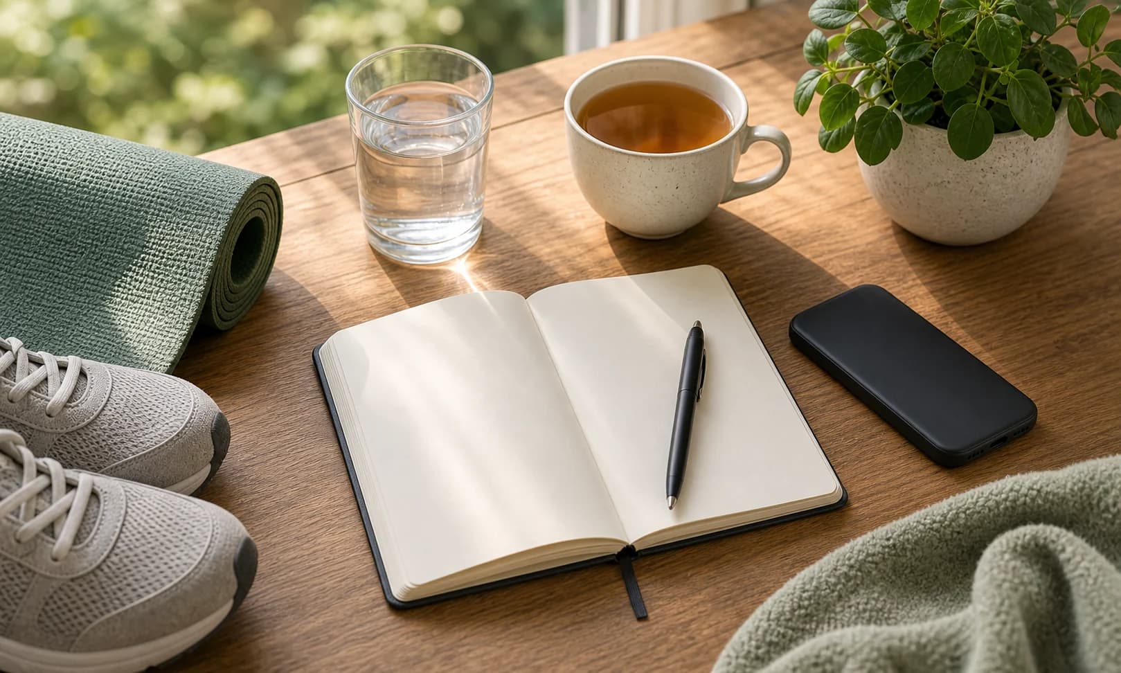 A practical stress-regulation toolkit with a blank journal, pen, water, tea, yoga mat, walking shoes, plant, and a phone face-down on a sunlit wooden surface.