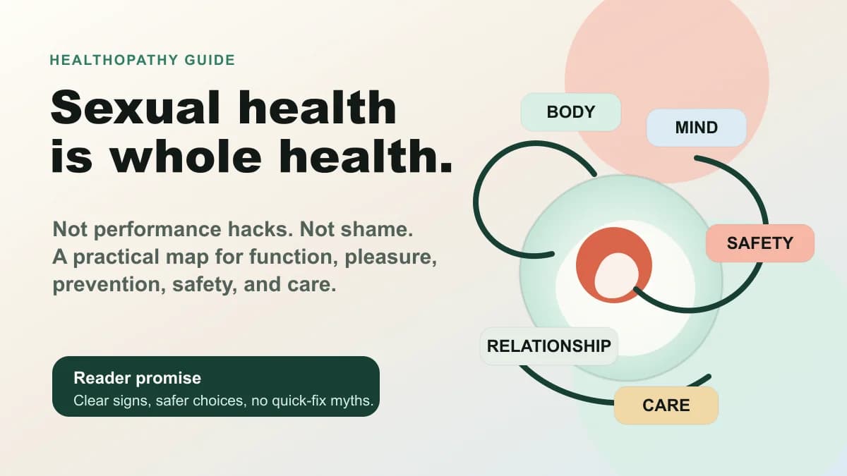 Healthopathy editorial graphic showing sexual health as whole health across body, mind, safety, relationship, and care.
