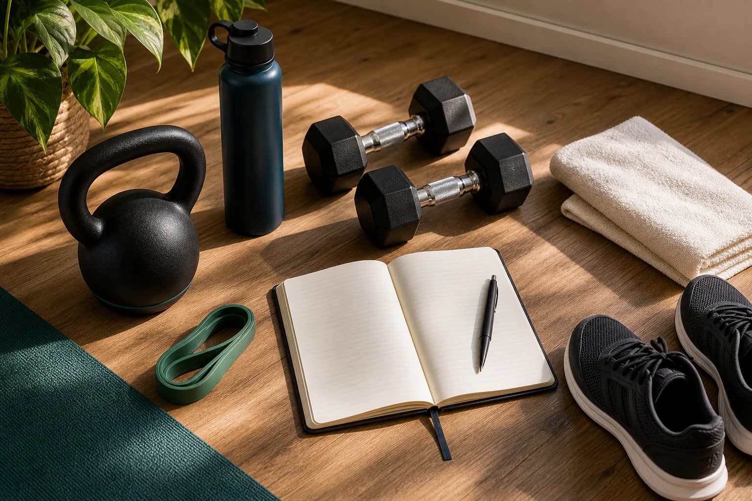 A strength training starter setup with a kettlebell, dumbbells, resistance band, water bottle, towel, shoes, and a blank training journal.