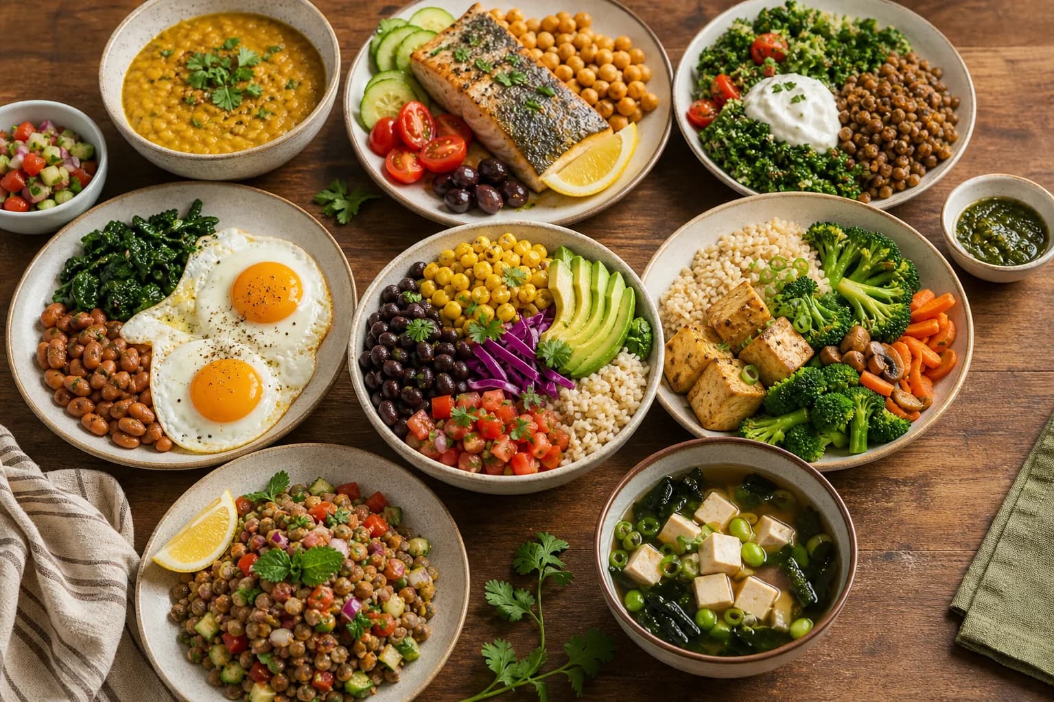 A table of culturally varied meals with legumes, fish, tofu, eggs, vegetables, grains, avocado, and greens for protein, fiber, and satiety.
