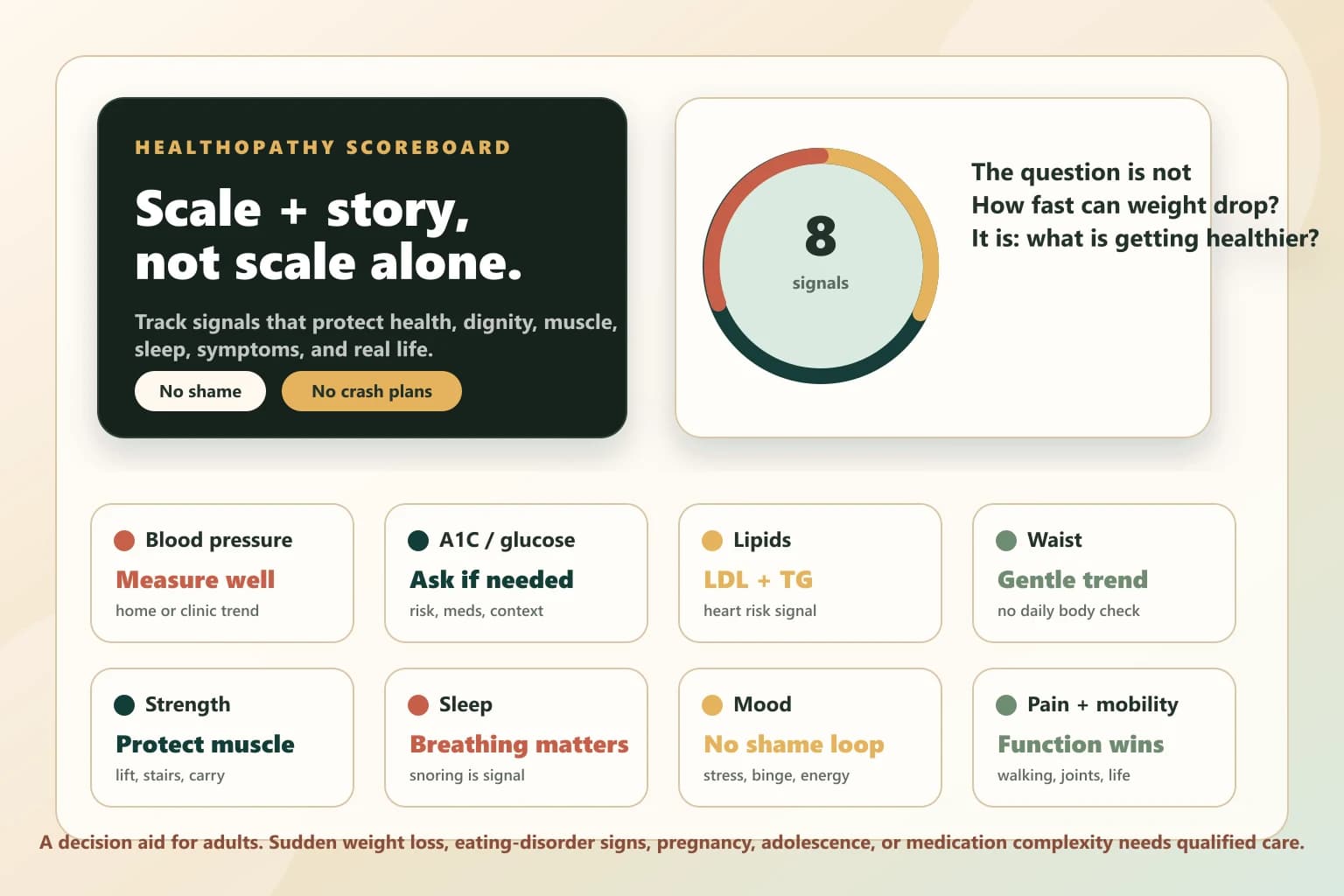 Healthopathy metabolic health dashboard showing weight beside blood pressure, A1C, lipids, waist, strength, sleep, mood, and mobility signals.